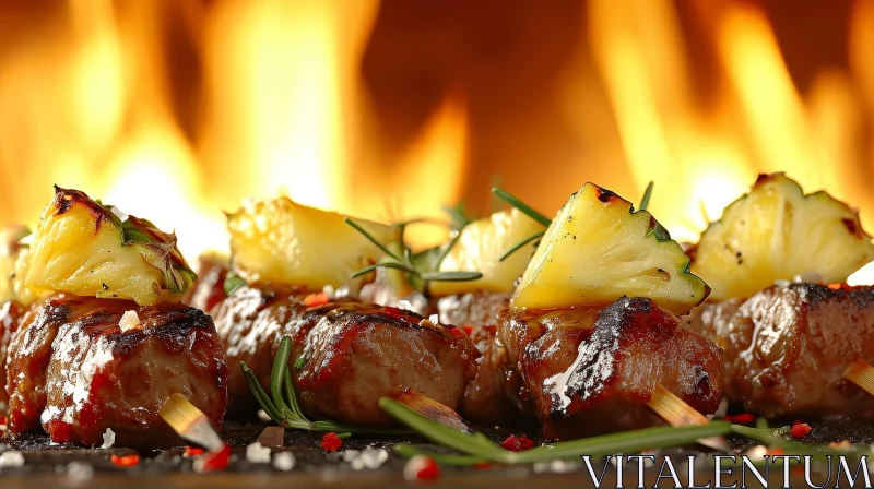 Delicious Beef Shish Kebabs with Pineapple on Flaming Background AI Image