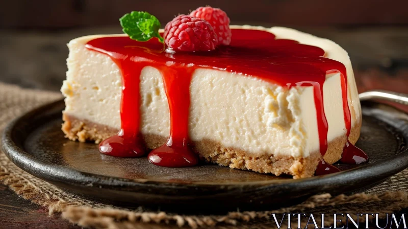 Delicious Cheesecake with Red Berry Sauce and Fresh Raspberry AI Image