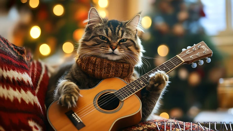 Festive Cat with Guitar and Holiday Lights AI Image