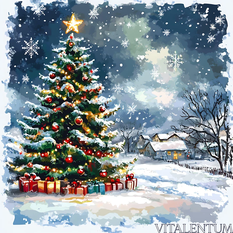 Snowy Christmas Tree and Cozy Village AI Image