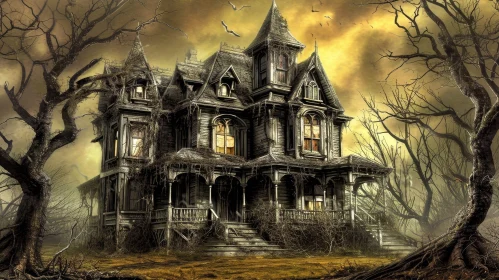 Eerie Digital Painting of a Haunted House in a Dark Forest