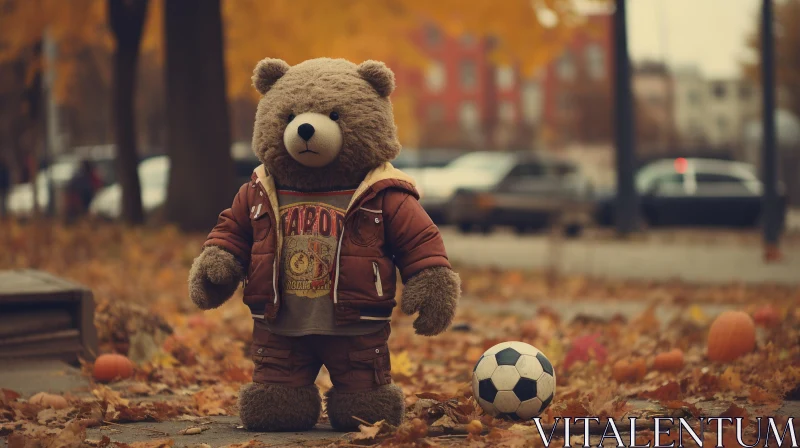 Emotive Teddy Bear and Football in Forest Photography AI Image