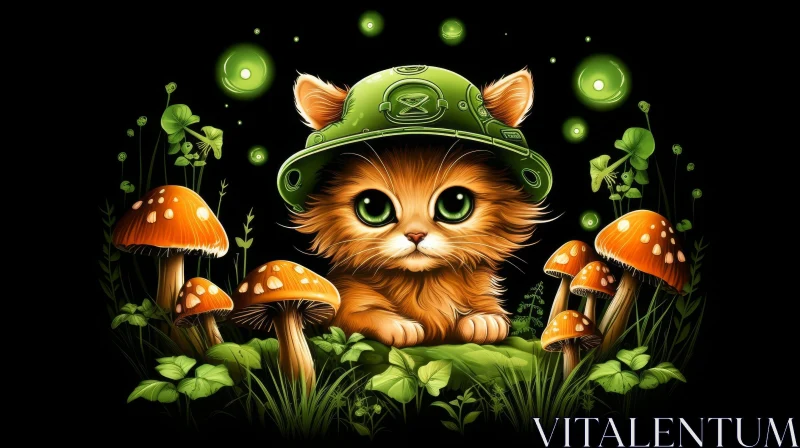 Enchanting Kitten in Green Helmet - Digital Painting AI Image