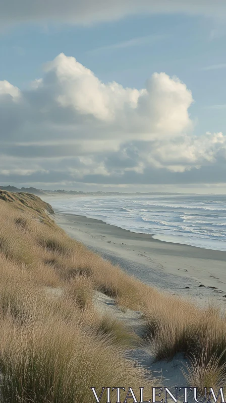 AI ART Calm Beach Scene with Dunes and Cloudy Sky