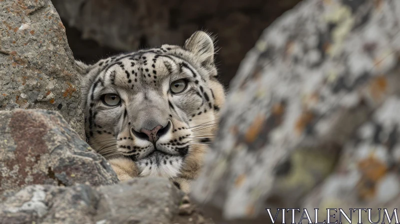 Graceful Snow Leopard Resting in Majestic Mountains AI Image
