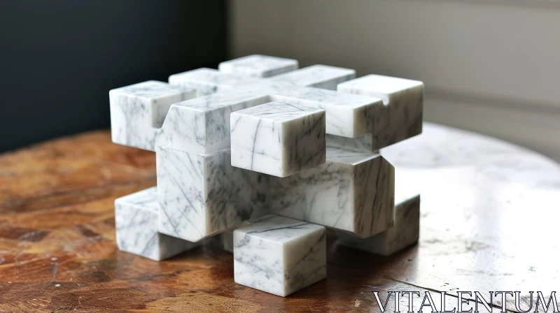 Interlocking Marble Sculpture on Wooden Table - Captivating Abstract Art AI Image