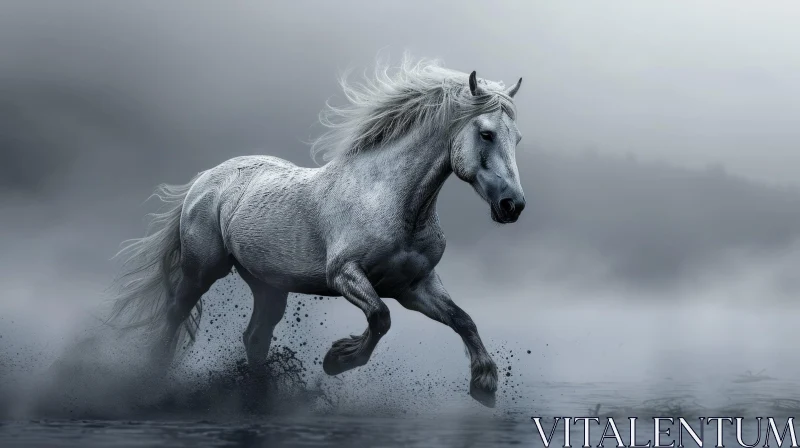 Powerful White Horse Running in Water AI Image