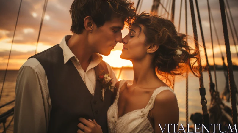 Romantic Vintage Inspired Wedding: Bride and Groom Embrace on Ship at Sunset AI Image