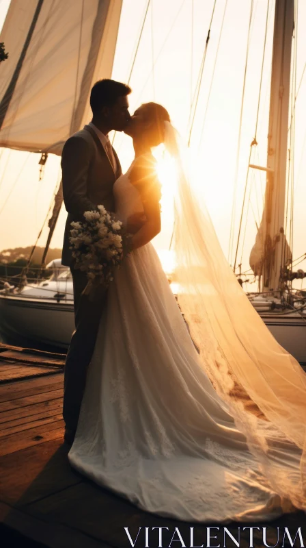 Romantic Wedding Moment at Sunset by the Yacht AI Image