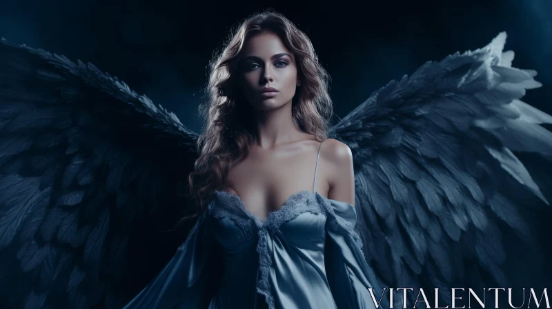 Serious Young Woman with Feathered Wings in Blue Dress AI Image