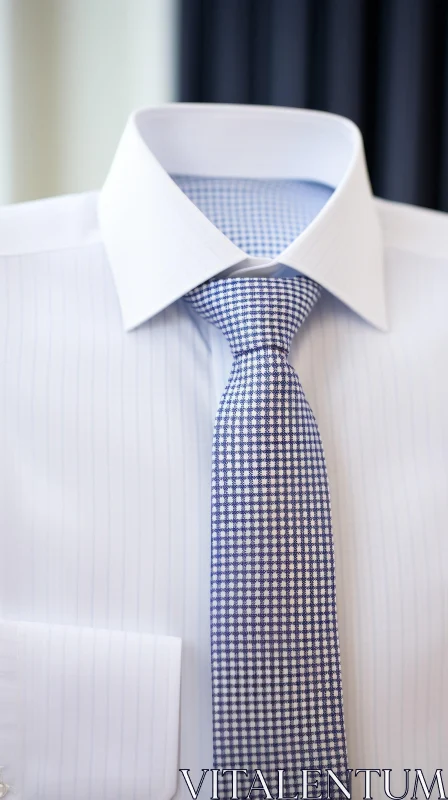 Sophisticated White Shirt with Blue and White Checked Tie AI Image