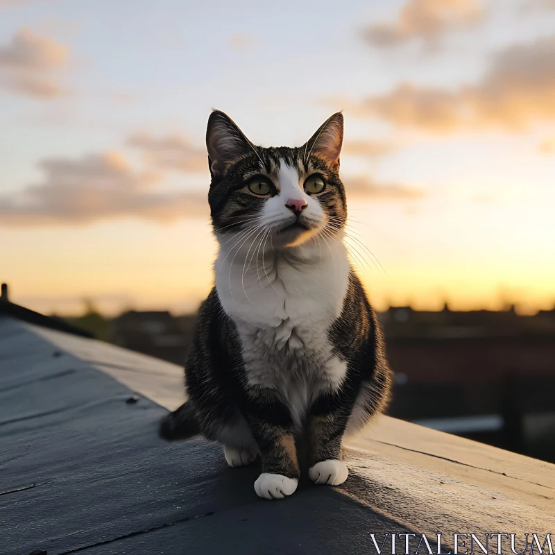 Thoughtful Cat on Rooftop During Sunset AI Image