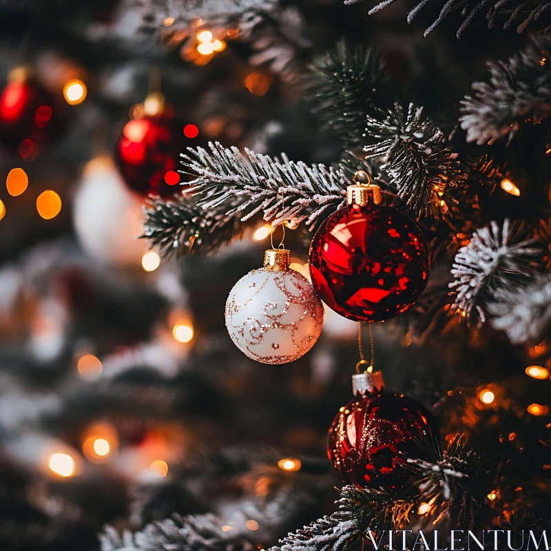 Festive Christmas Tree with Red and White Ornaments AI Image