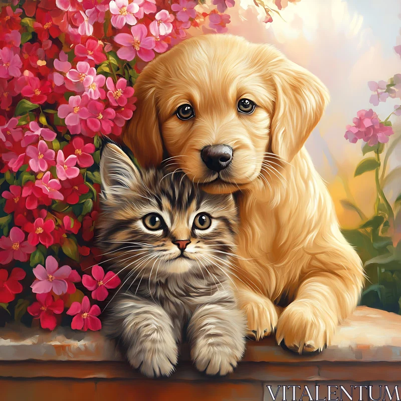 AI ART Cute Puppy and Kitten with Pink Flowers