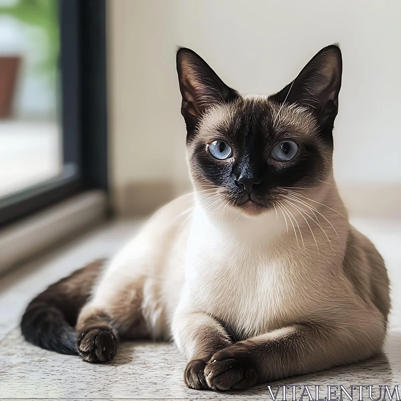 Beautiful Siamese Cat Resting by the Window AI Image