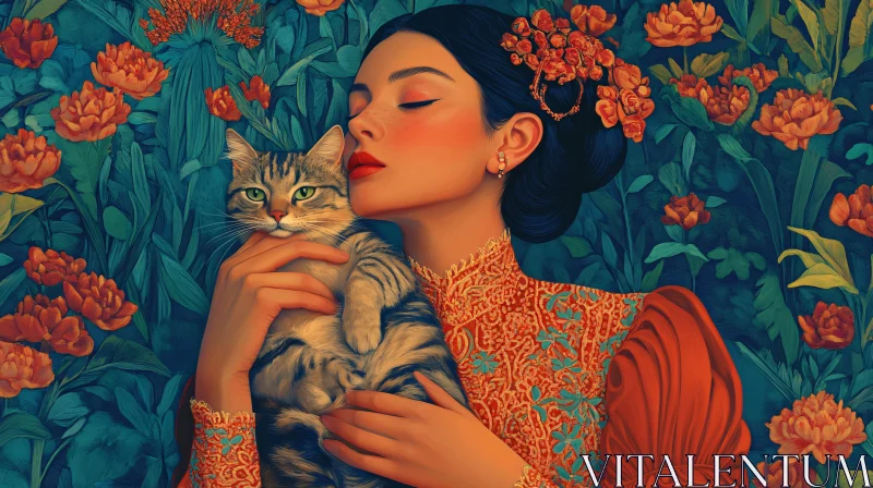 AI ART Graceful Lady Holding Cat in Floral Setting