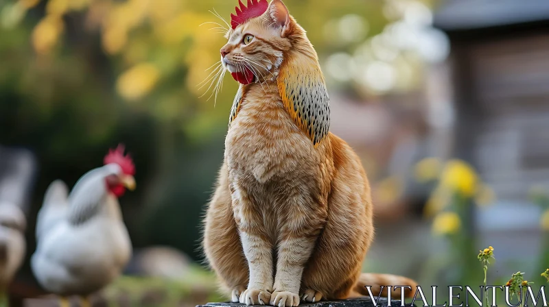 AI ART Surreal Cat-Rooster Hybrid in Nature