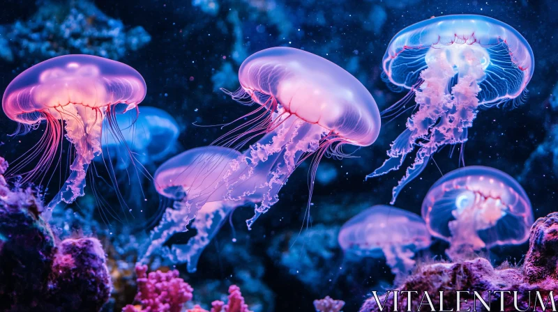 Bioluminescent Jellyfish in Marine Life AI Image