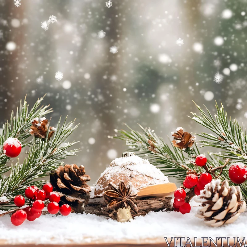 Christmas Pinecone and Snow Decoration AI Image