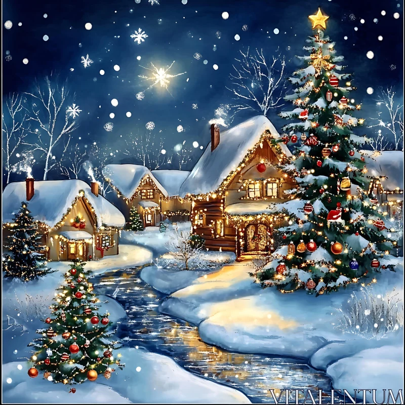 Snowy Christmas Scene with Festive Village and Lights AI Image