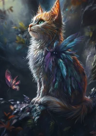 Mystical Cat and Butterfly in Enchanted Forest