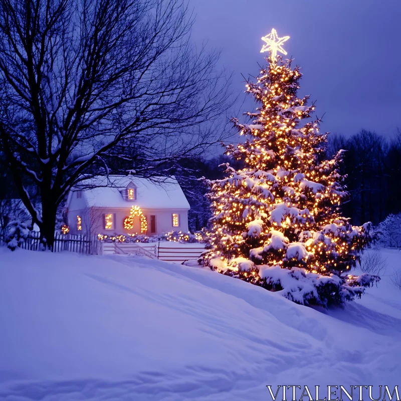 Cozy Snowy Holiday Night with Festive Lights AI Image