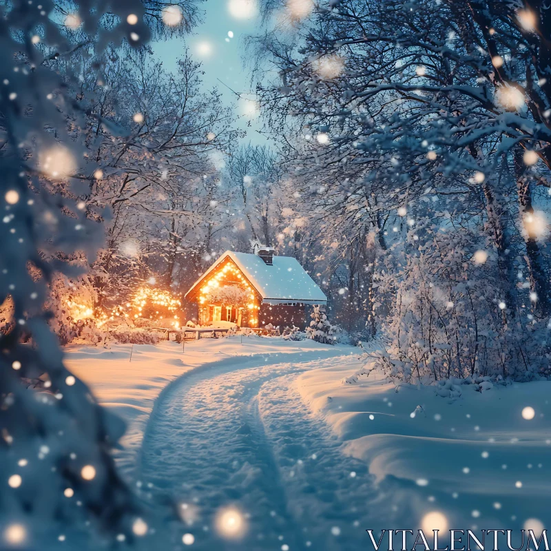 Cozy Illuminated Cabin in Snow-Covered Woods AI Image