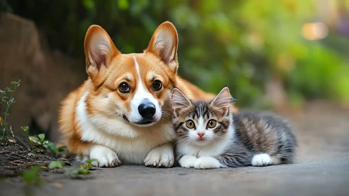 Corgi Dog and Fluffy Kitten Lying Together