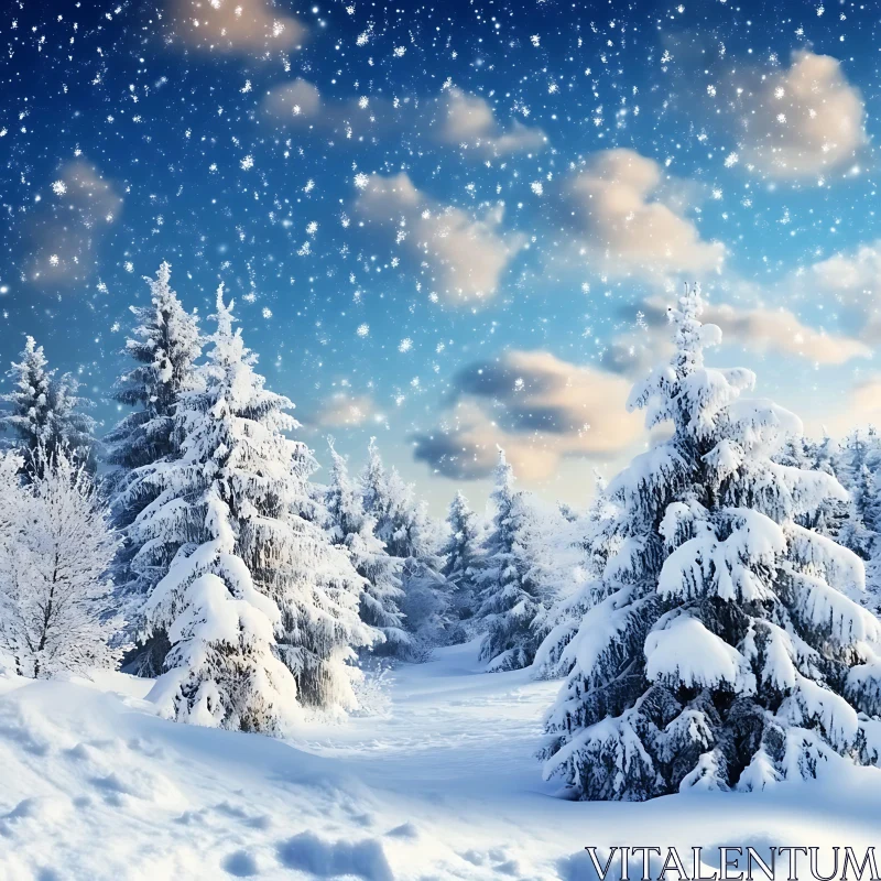 Snowy Forest Landscape with Falling Snowflakes AI Image