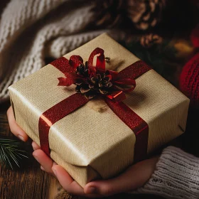 Holiday Gift with Red Glittering Ribbon and Pinecone