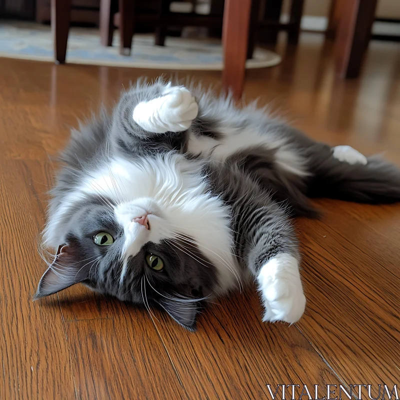 Gray and White Fluffy Cat on Floor AI Image