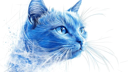 Blue Feline Digital Painting with Detailed Fur and Whiskers