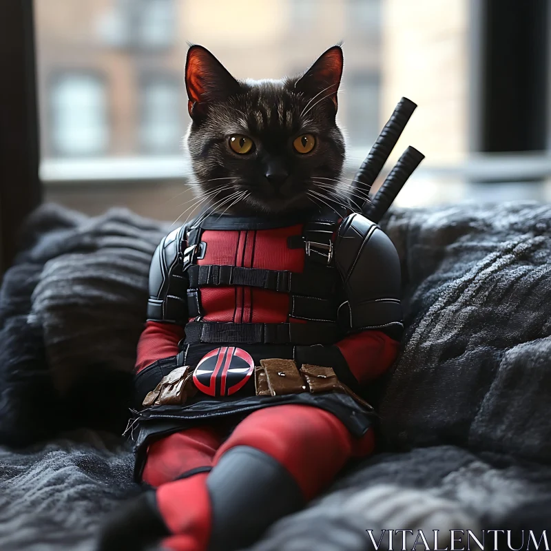 Feline Superhero with Red and Black Costume AI Image