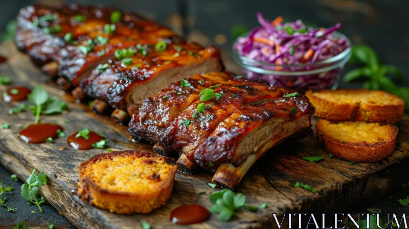 Delicious Pork Ribs with Red Cabbage Coleslaw and Cornbread AI Image