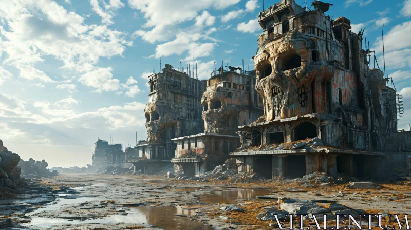 Desolate Post-Apocalyptic City with Ruined Buildings and Skull-Shaped Structure AI Image
