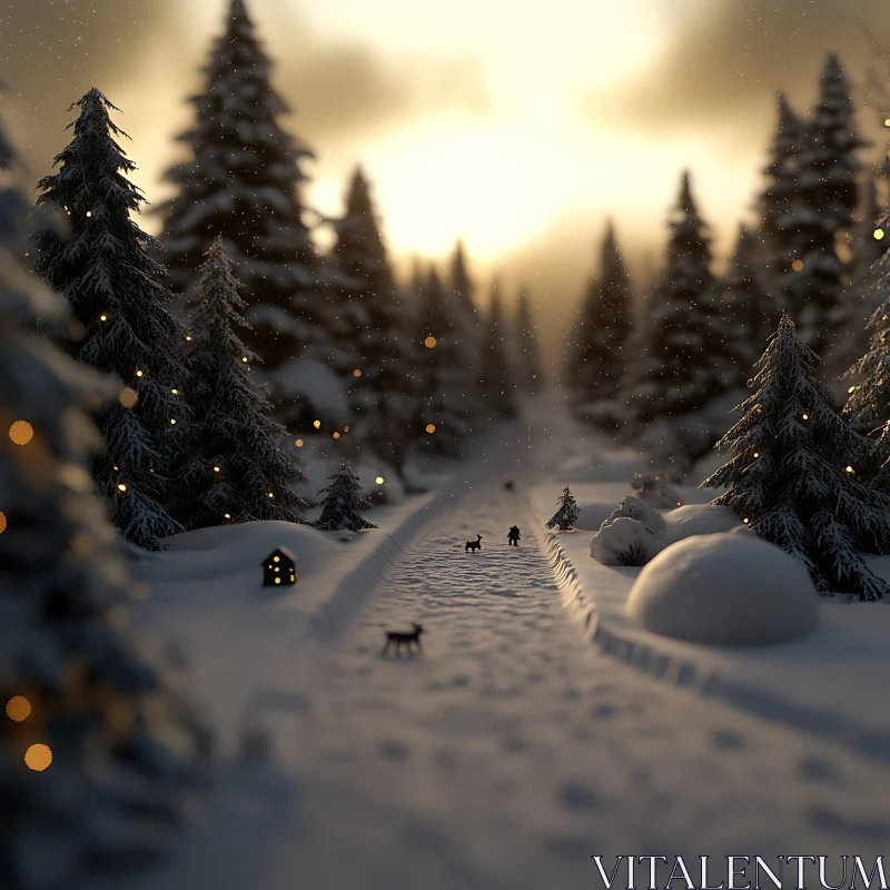 Sunset Glow Over Snowy Forest Path AI Image