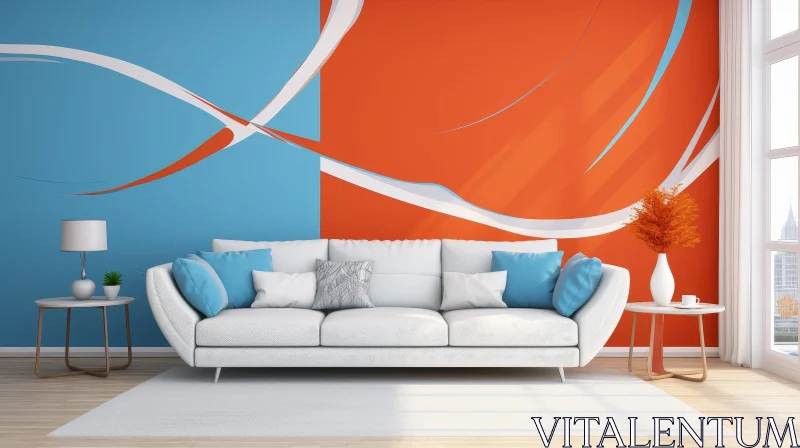 Modern Living Room with Blue and Orange Accents AI Image