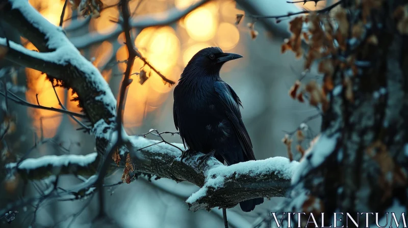 Raven on Snow-Covered Branch - A Captivating Nature Photograph AI Image