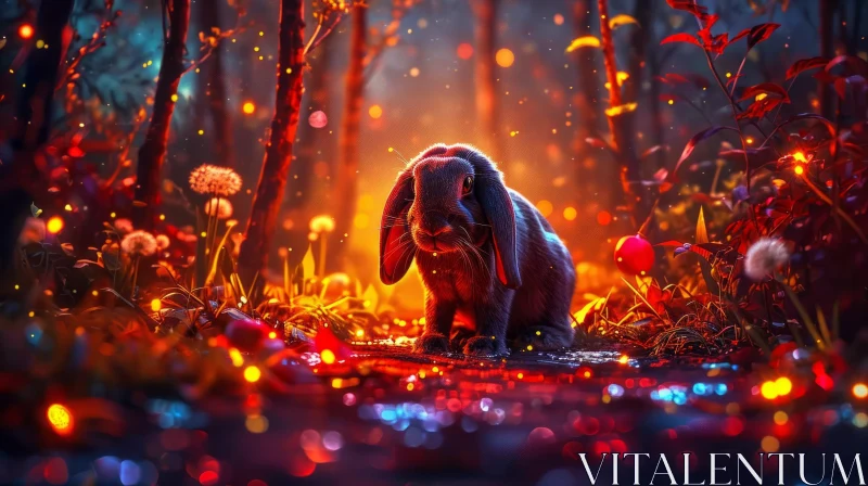 Serene Rabbit in Mysterious Forest Surrounded by Flowers AI Image