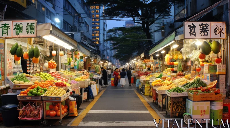 Street Decor: Illuminated Fruit Stand in City | Captivating Night Photography AI Image