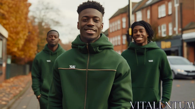 Urban Portrait: Smiling Men in Green Hoodies on City Street AI Image