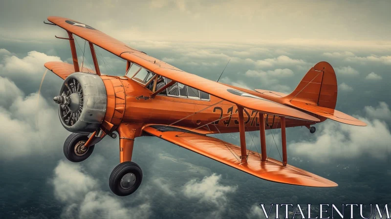 Vintage Orange Biplane Flying Over Forest AI Image