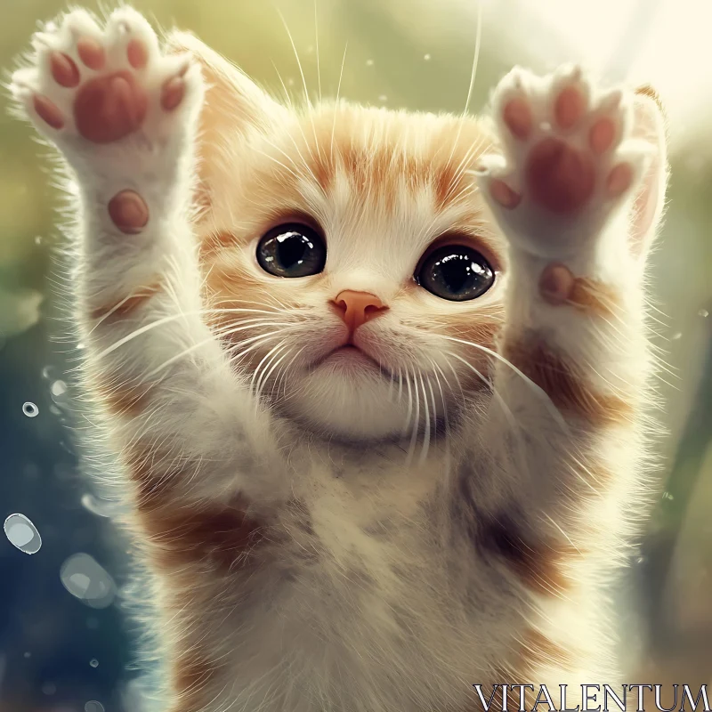 Cute Orange and White Kitten Raising Paws AI Image