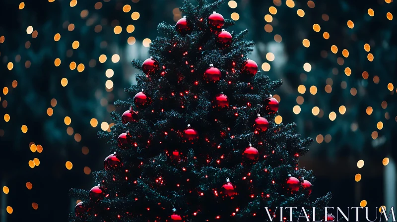 Festive Christmas Tree with Red Ornaments and Soft Holiday Lights AI Image