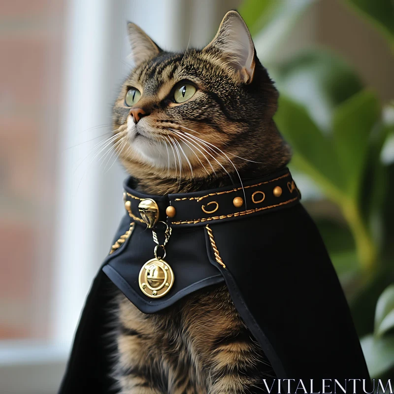 Majestic Tabby in Black Cloak with Gold Accents AI Image