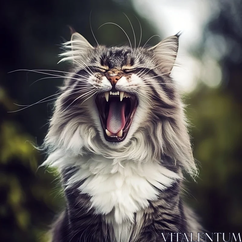 Majestic Long-Haired Cat Mid-Yawn AI Image