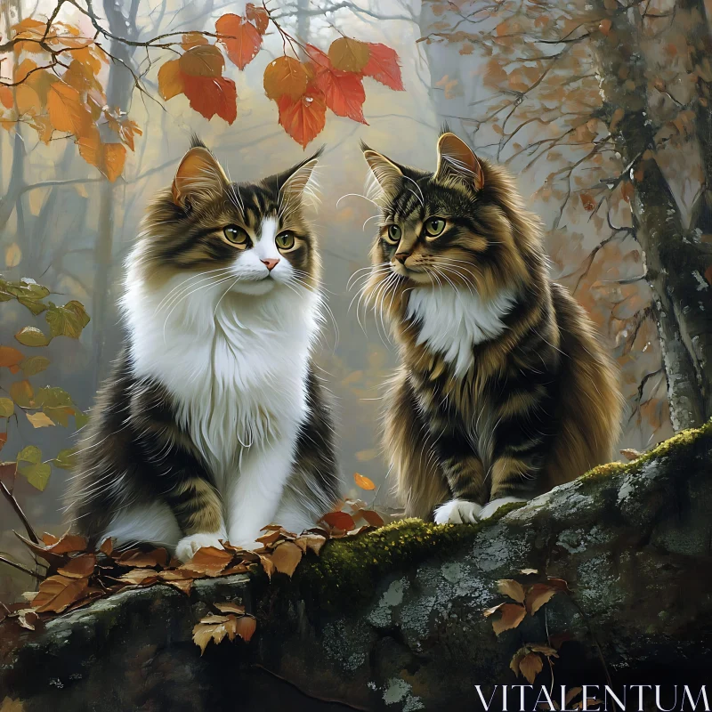 Fluffy Cats in Autumn Forest AI Image