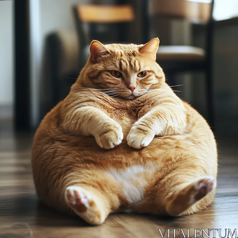 Cute Fat Cat Sitting on Indoor Floor AI Image