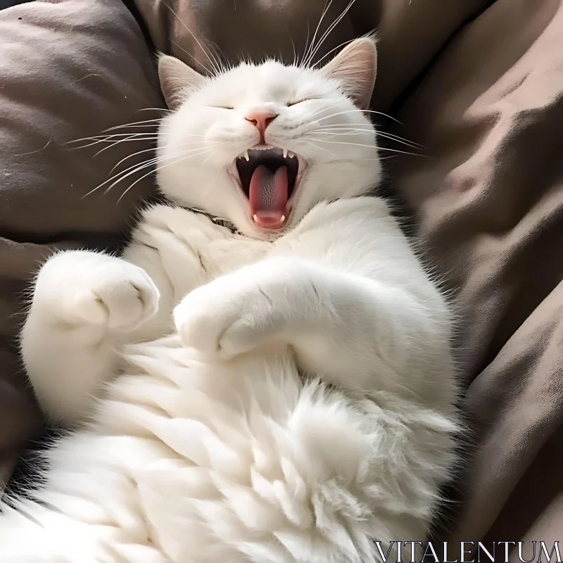 Yawning White Cat on Blanket AI Image