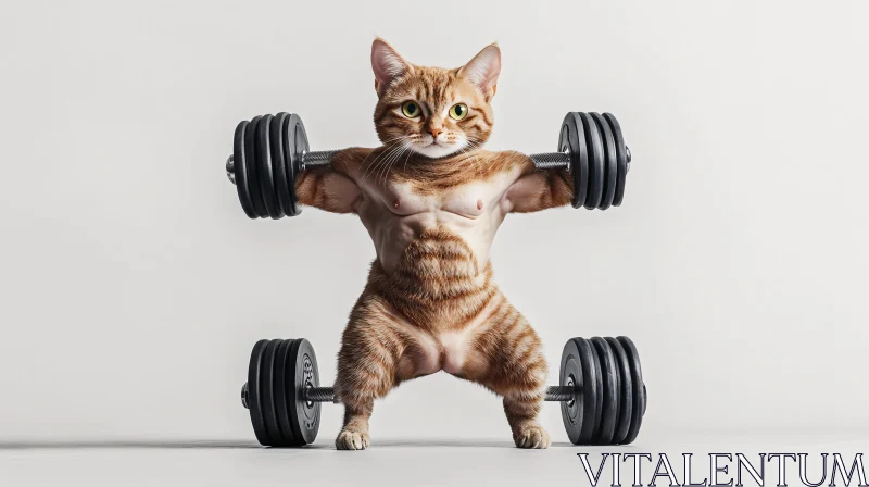 Fitness Cat with Muscles Holding Dumbbells AI Image